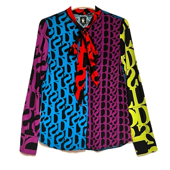 Desigual Logomania Blouse Womens Medium P-Bow Colorful Bold Print Lacroix Artsy - Picture 2 of 16
